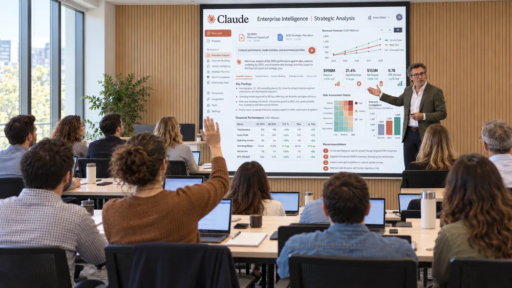 Illustration of a team discussing Claude-assisted strategic analysis