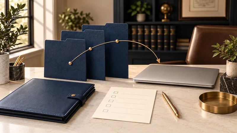 Concept illustration of organized legal workflows using folders and a closed laptop.